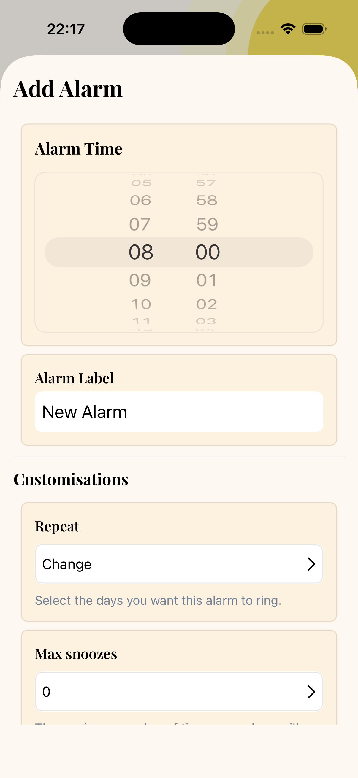 Set an alarm in three taps.